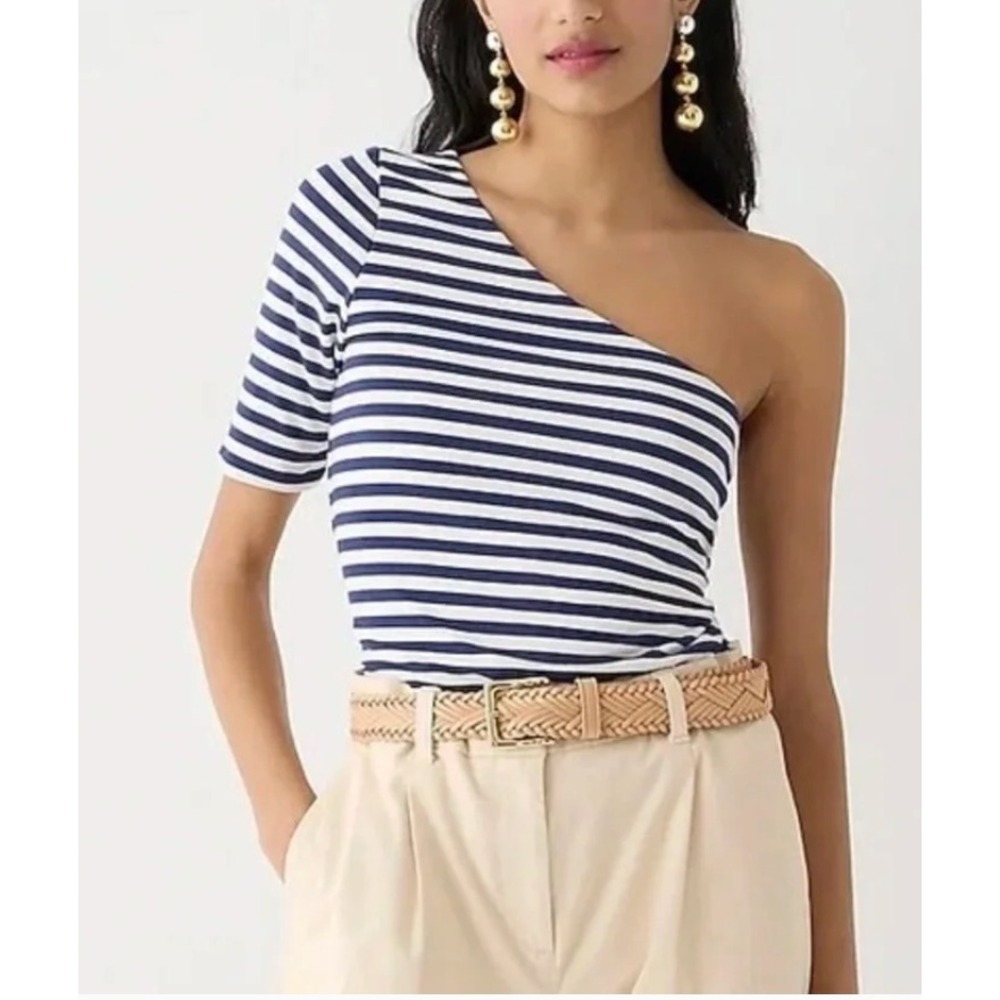 NEW J.Crew Womens One Shoulder Form Knit Striped Top Coastal Navy White BP026 S